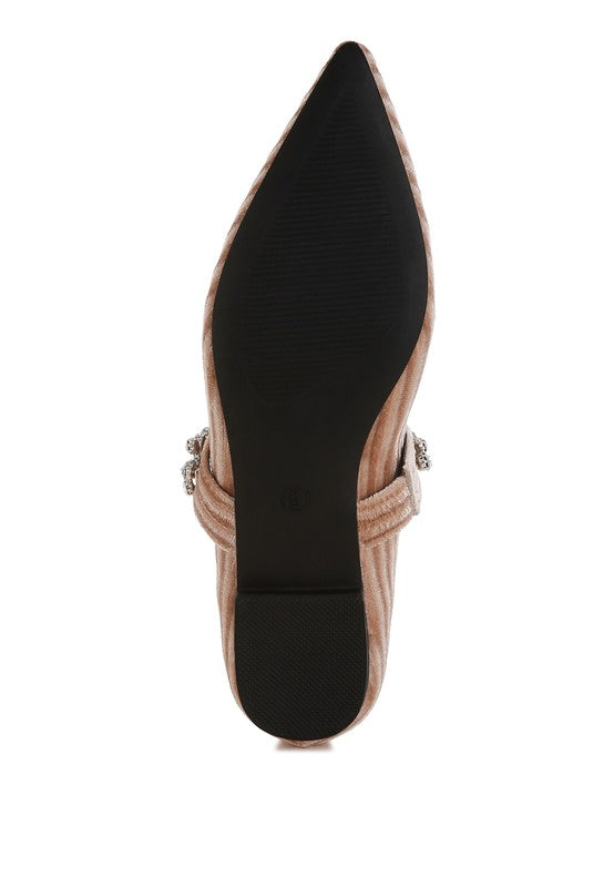 Black velvet ballerina side view with diamante ankle detail and rubber sole