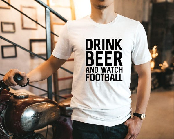 White men's tee with black 'DRINK BEER AND WATCH FOOTBALL' print