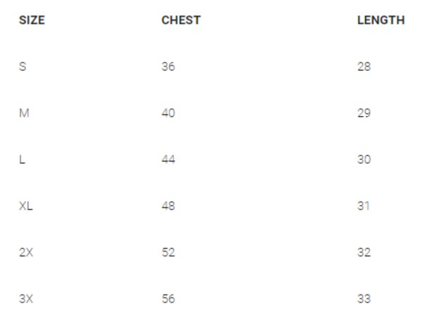 Size chart for men's tee: sizes S–3X, chest 36–56, length 28–33