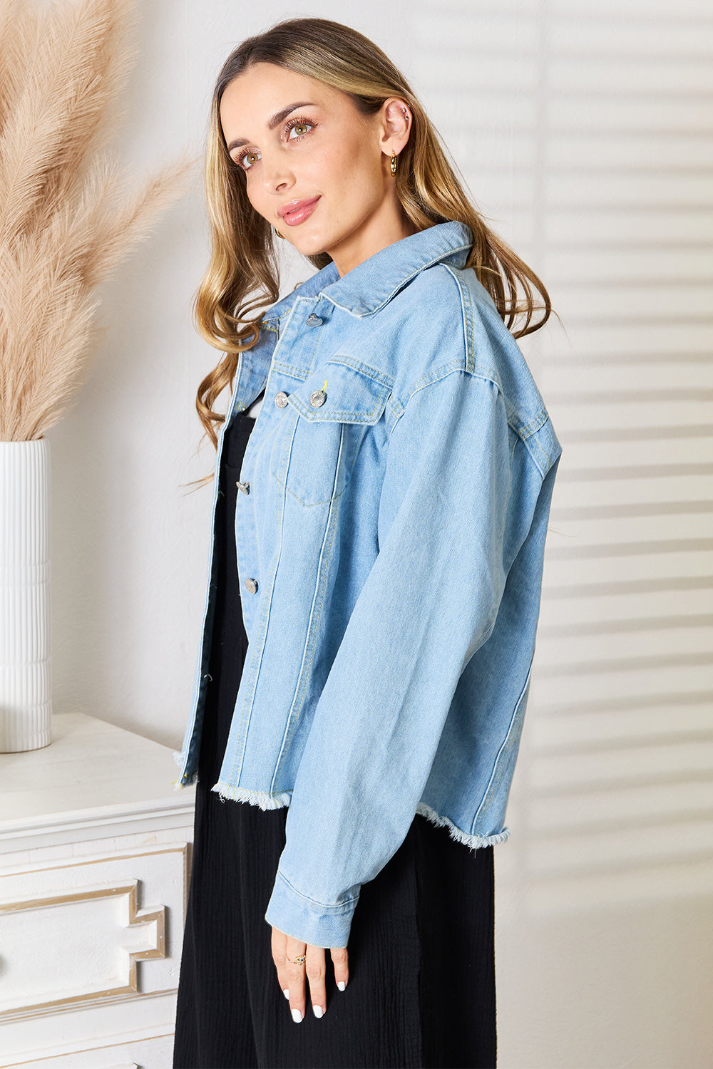Dropped Shoulder Raw Hem Denim Jacket - Tigbul's Variety Fashion Shop