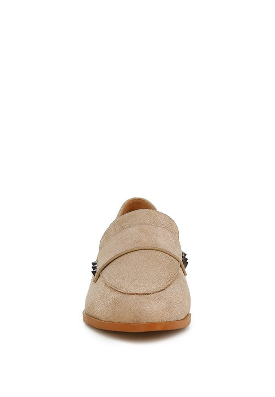 Sand suede loafers with back heel showing stacked heel and side strap studs