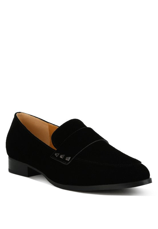 Black suede loafers with black square stud detail on the strap