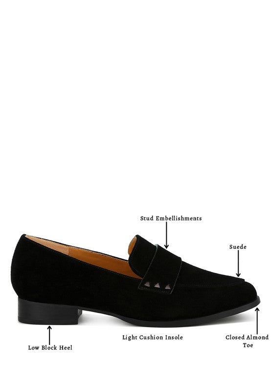 Durance studded suede loafers, black, closed almond toe, low block heel