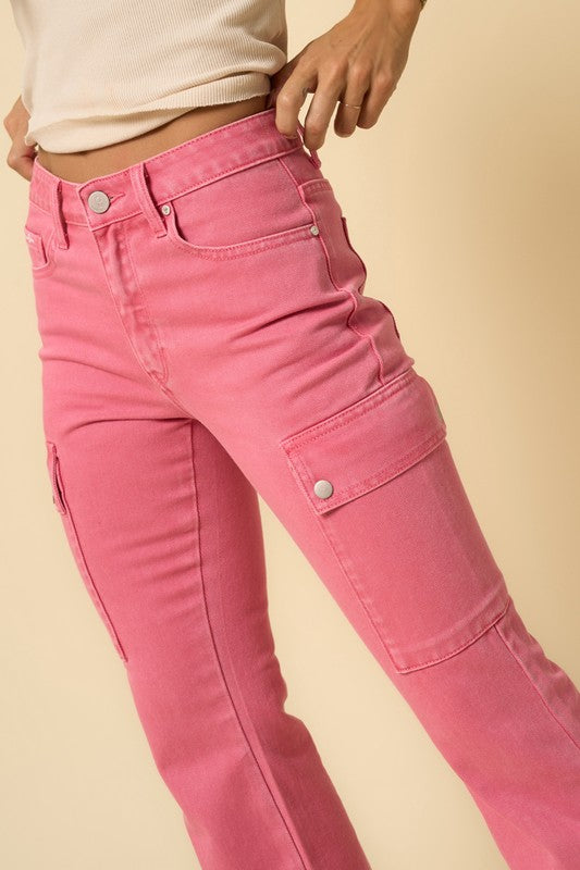 Dusty Pink cargo jeans close-up: button fly and front patch pockets