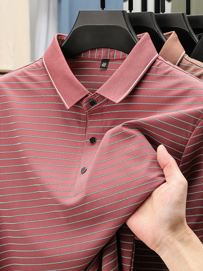Men's Full Size Striped Button Detail Short Sleeve Polo Plus Size - Tigbul's Variety Fashion Shop