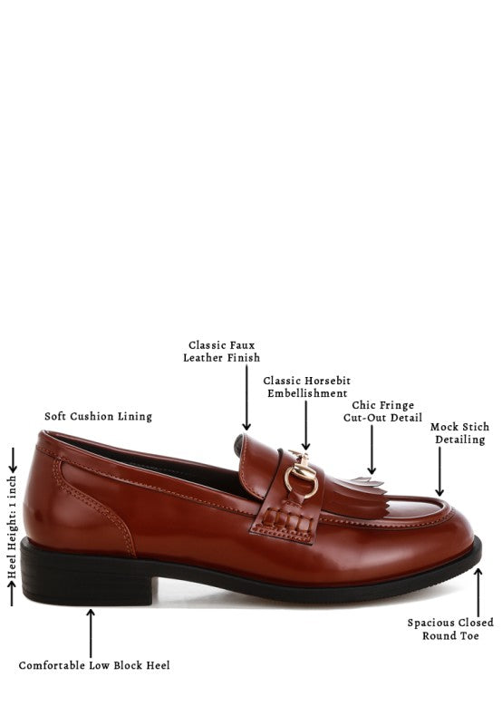 Cognac penny loafers with fringed cut-out strap, moc stitching and closed round toe
