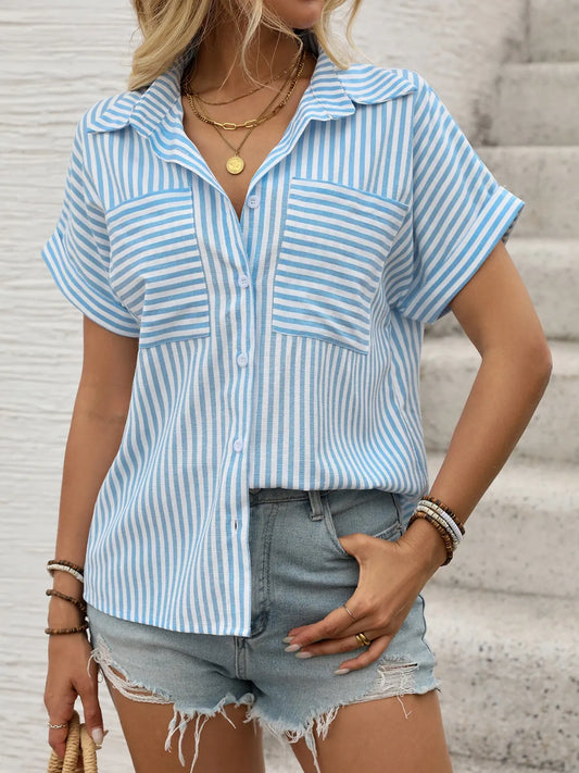 Striped Collared Neck Short Sleeve Shirt - Tigbul's Variety Fashion Shop