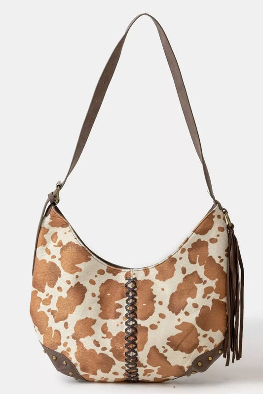 Fame Cow Print Hobo Shoulder Bag with Studded Details - Tigbul's Variety Fashion Shop