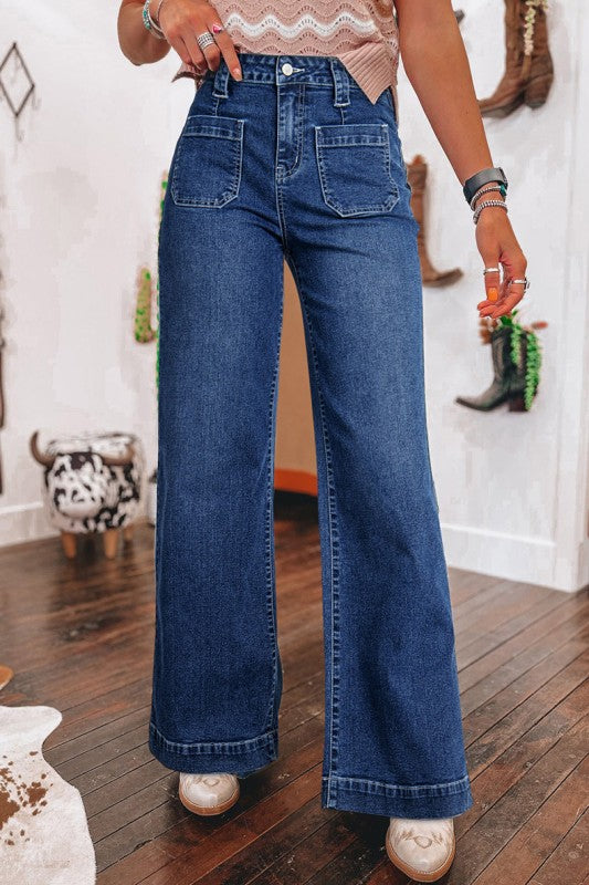 Blue Wide Leg Pocketed High Waist Jeans Women's - Tigbul's Variety Fashion Shop