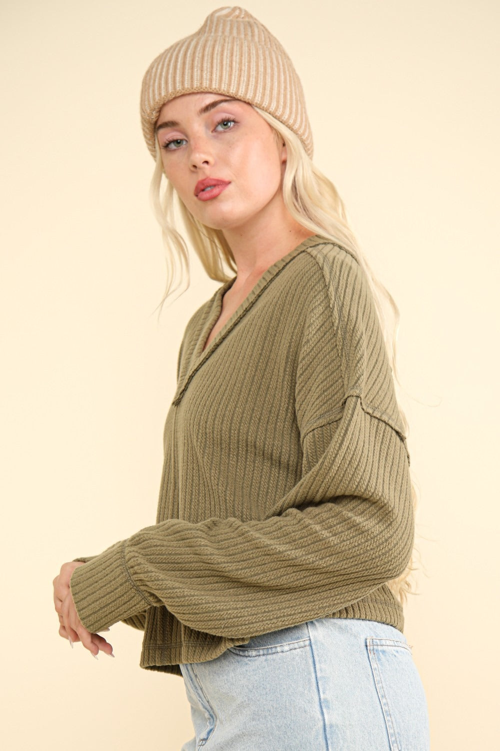 VERY J Exposed Seam V-Neck Ribbed Knit Top - Tigbul's Variety Fashion Shop