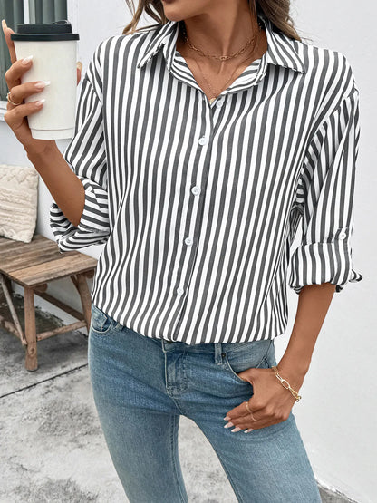 Striped Oversized Button-Up Shirt - Tigbul's Variety Fashion Shop
