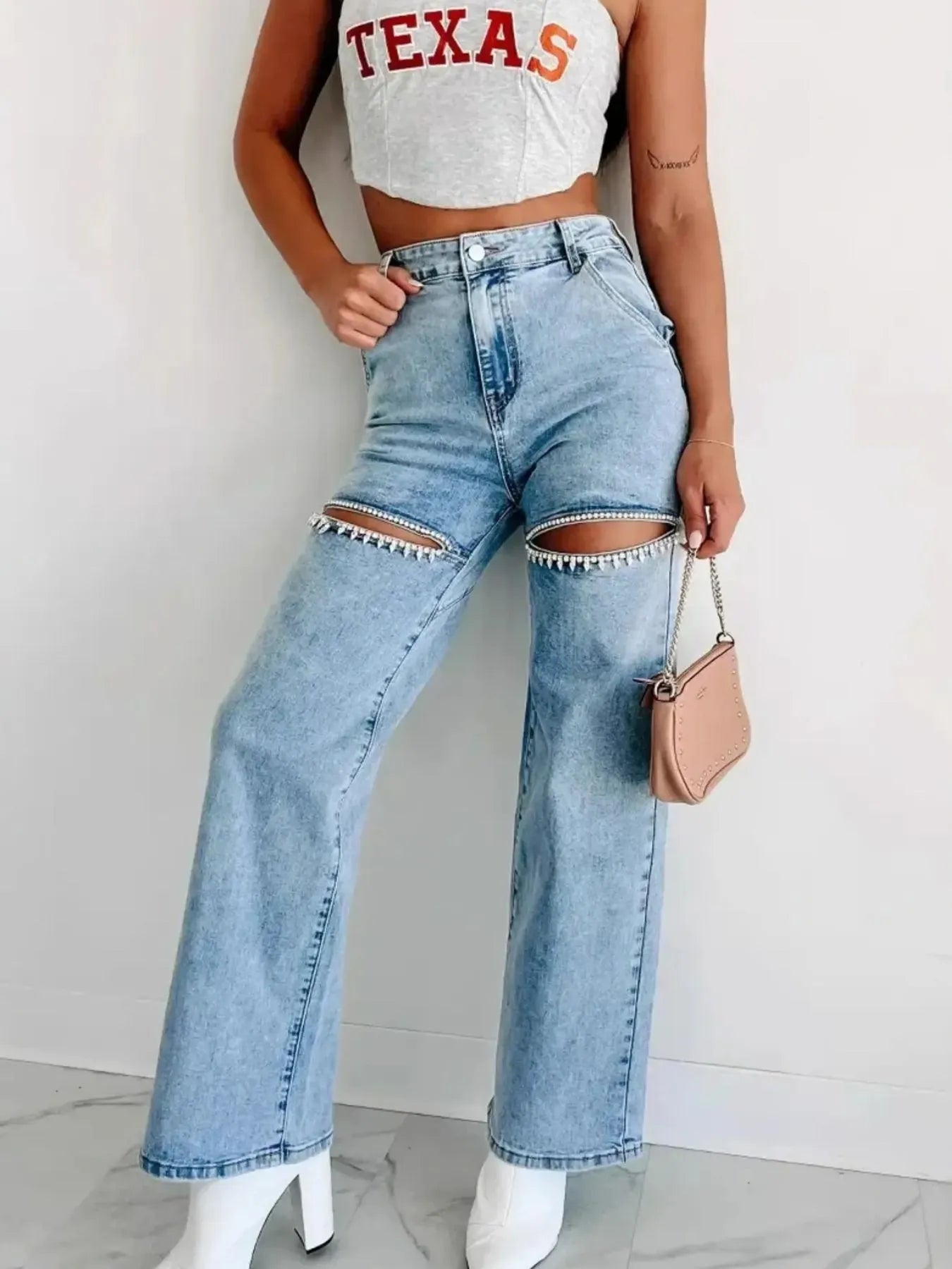 High Waist Cut-Out Wide Leg Jeans - Tigbul's Variety Fashion Shop