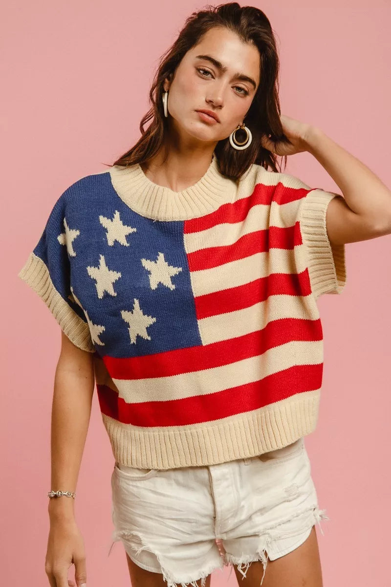 BiBi Star Patches American Flag Sleeveless Sweater - Tigbul's Variety Fashion Shop