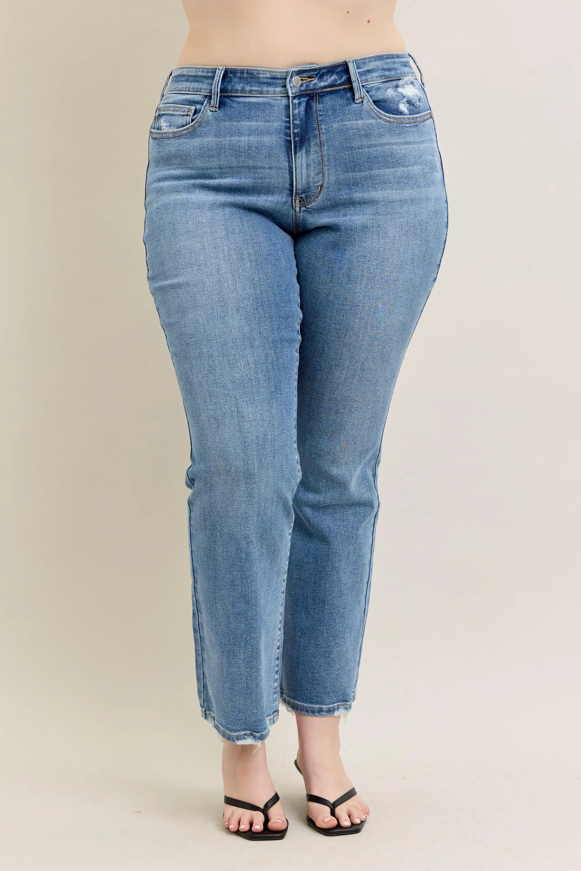 Judy Blue Full Size Mid Rise Wash Destroy Hem Bootcut Jeans Plus Size - Tigbul's Variety Fashion Shop