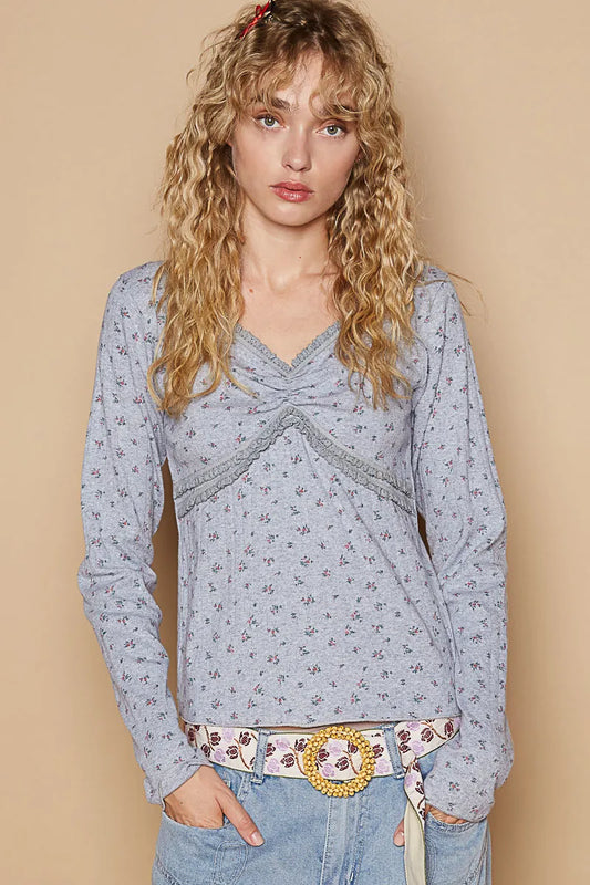 POL Floral V-Neck Long Sleeve T-Shirt - Tigbul's Variety Fashion Shop