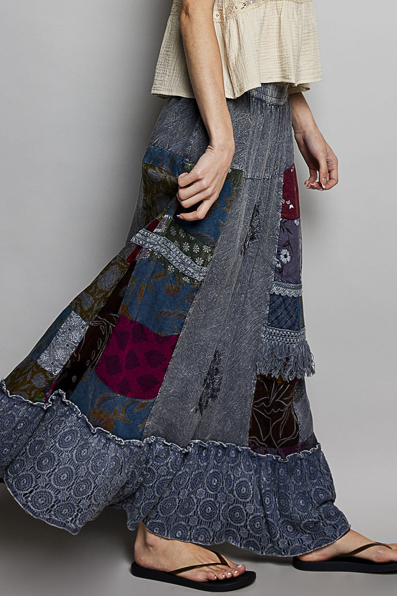 Charcoal Multi patchwork skirt with ruffled hem and side panel inserts