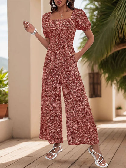 Printed Square Neck Puff Sleeve Jumpsuit - Tigbul's Variety Fashion Shop