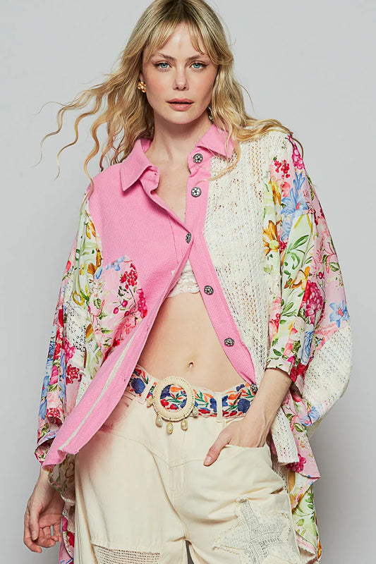 POL Thermal and Crochet Lace Mix Shirt with Floral Pattern - Tigbul's Variety Fashion Shop