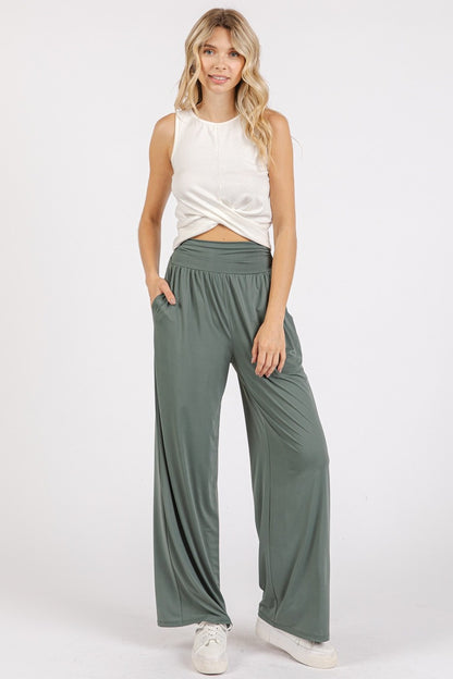 Mittoshop Stretch Banded Waist Wide Leg Pants with Pockets - Tigbul's Variety Fashion Shop