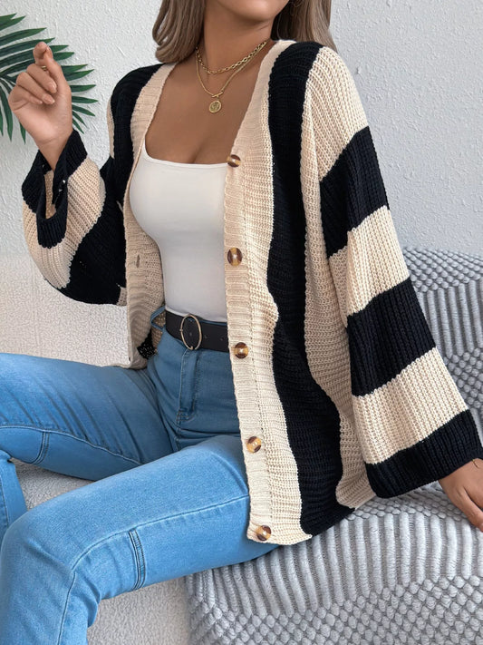Color Block Button-Up Cardigan - Tigbul's Variety Fashion Shop
