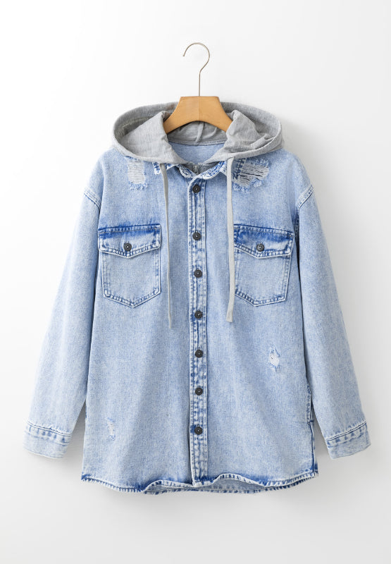 Distressed Button Up Hooded Denim Jacket with Pockets - Tigbul's Variety Fashion Shop