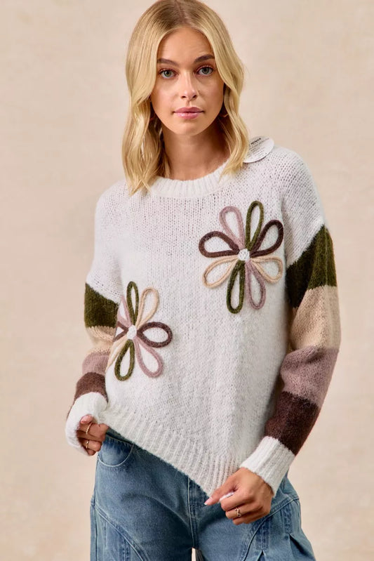 BiBi Flower Color Block Sweater - Tigbul's Variety Fashion Shop