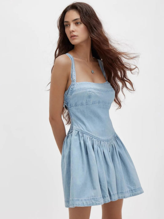 Smocked Crisscross Back Denim Mini Dress - Tigbul's Variety Fashion Shop