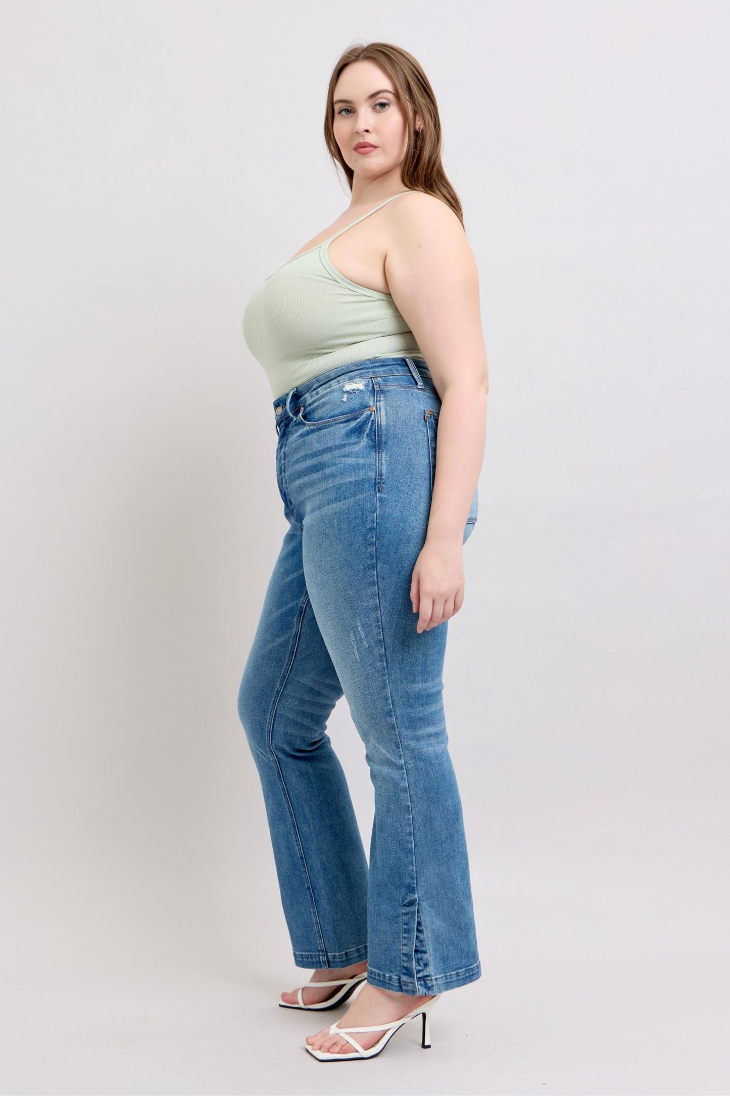 Judy Blue HW Tummy Control Vintage Wash Side Slit Slim Boot Jeans - Tigbul's Variety Fashion Shop