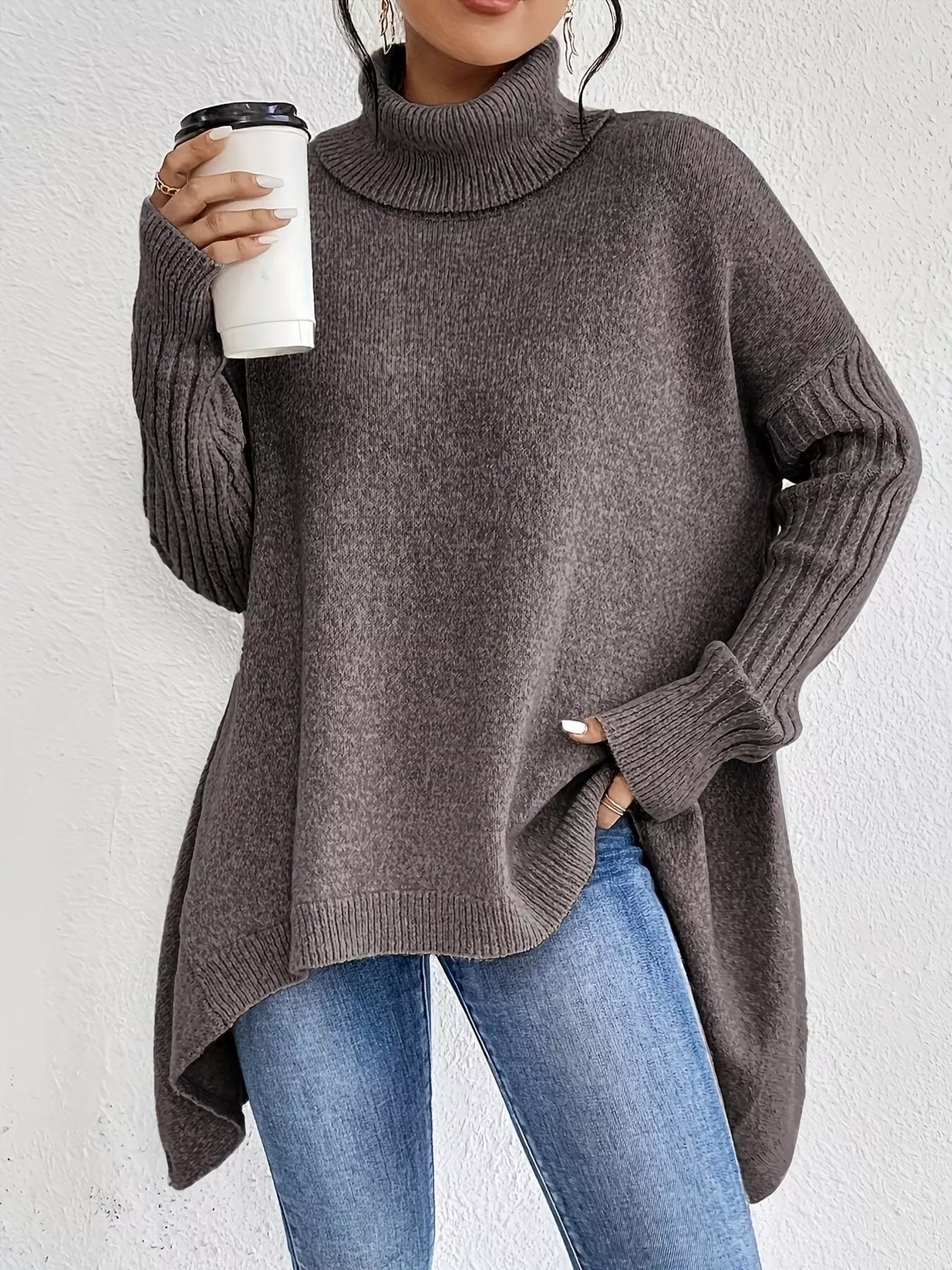 Turtleneck Dropped Shoulder Sweater - Tigbul's Variety Fashion Shop