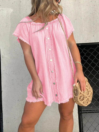 Full Size Raw Hem Mini Denim Dress Plus Size - Tigbul's Variety Fashion Shop