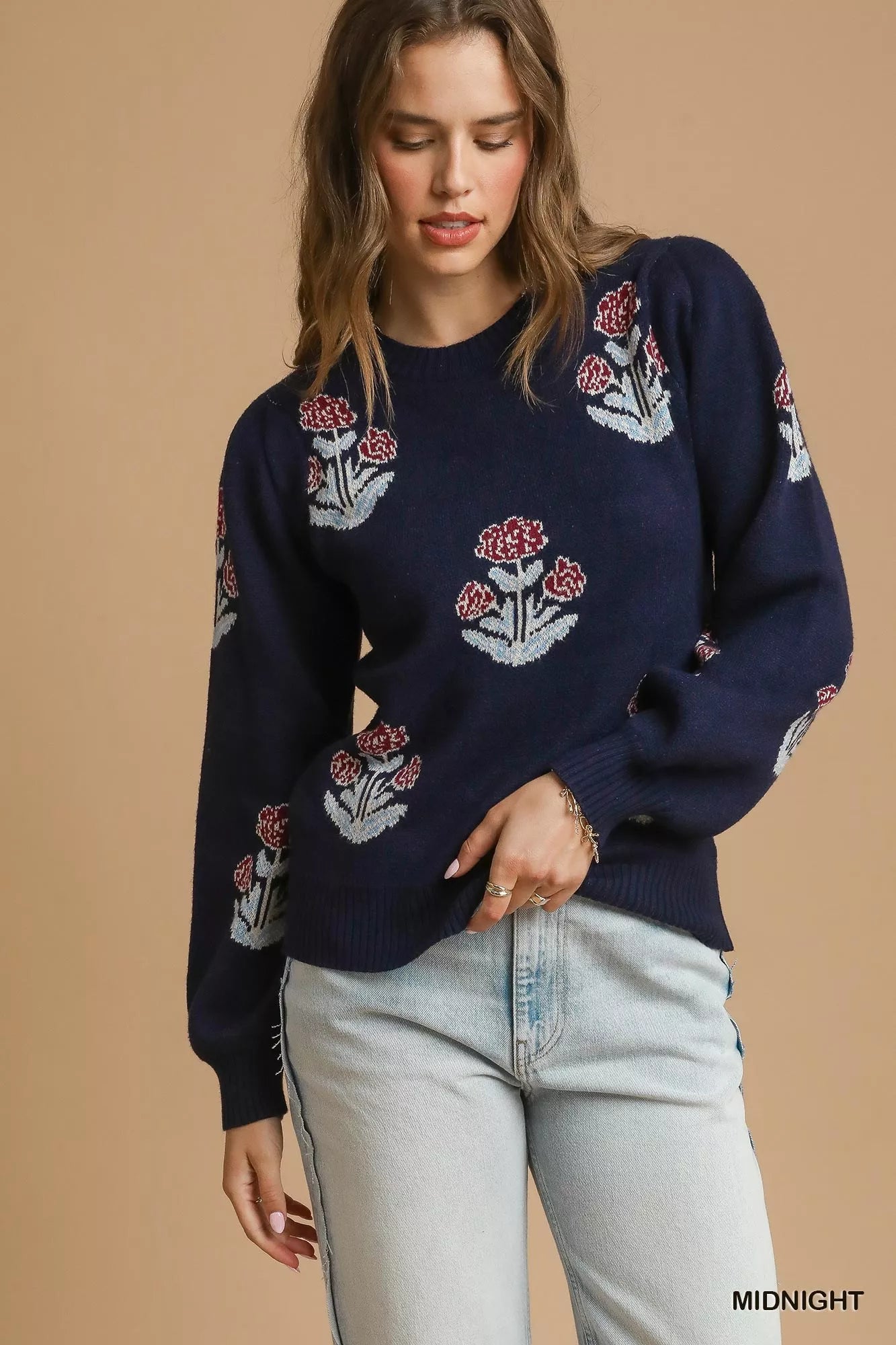 Umgee Floral Knit Sweater with Puff Sleeves - Tigbul's Variety Fashion Shop