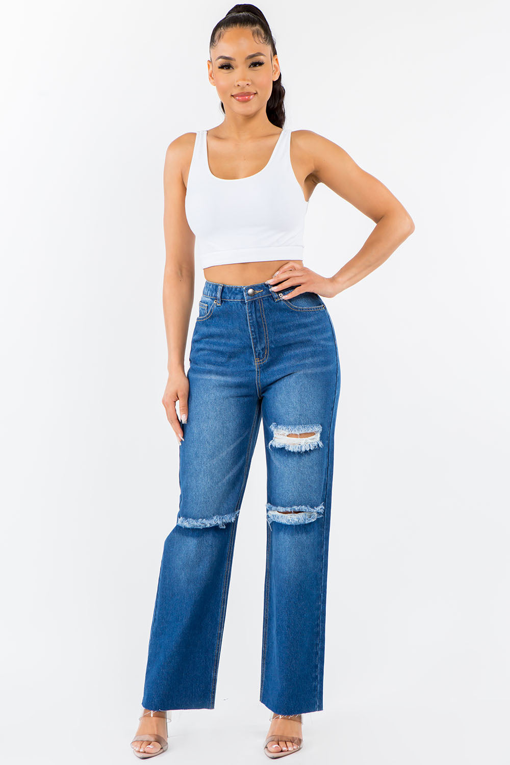 American Bazi High Waist Distressed Wide Leg Jeans - Tigbul's Variety Fashion Shop