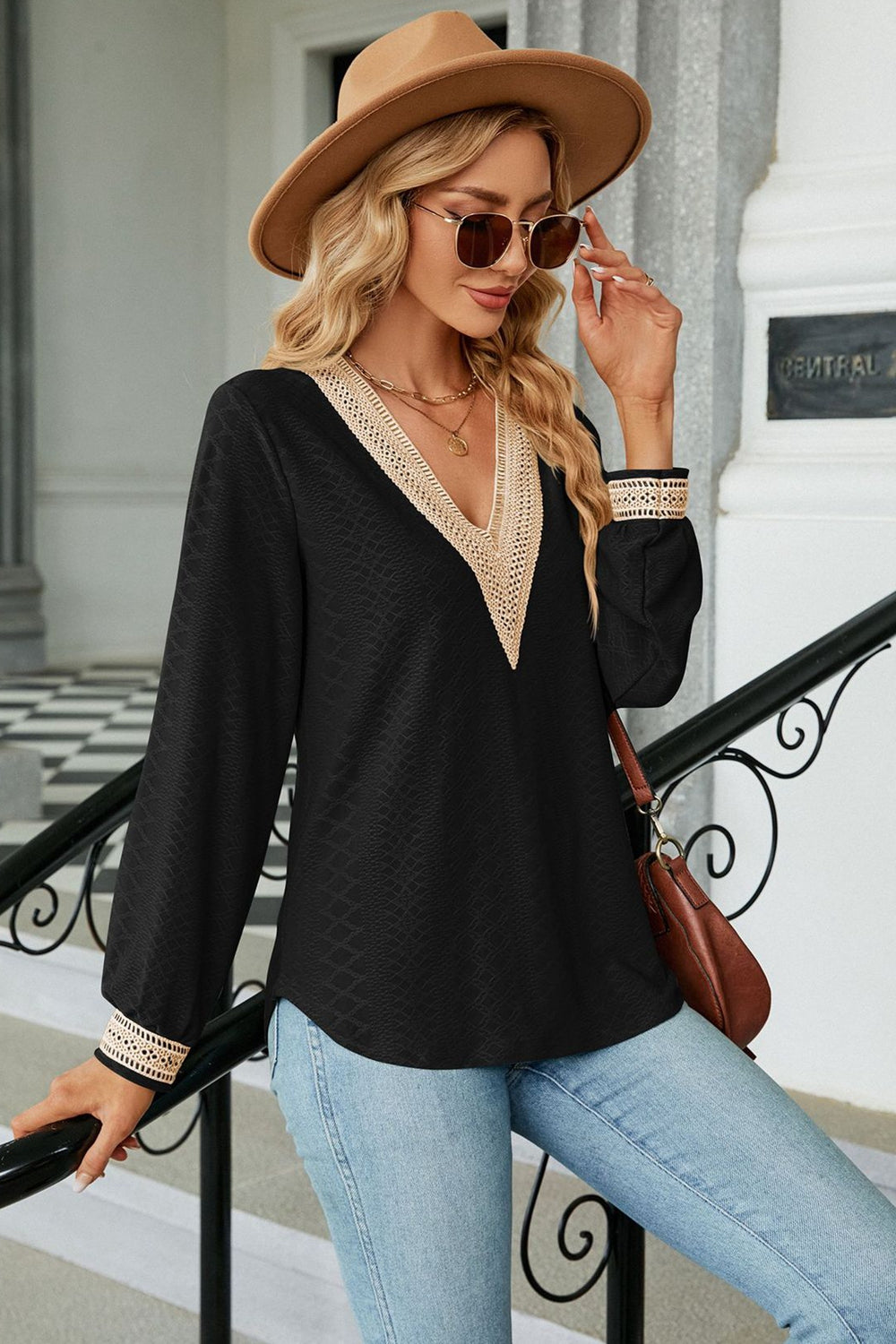 Size Large Black V-Neck Long Sleeve Eyelet Blouse | Tigbuls Variety