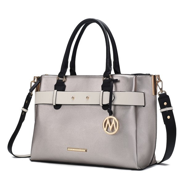 Jamie satchel in pewter with black handles, white front strap, M-logo charm