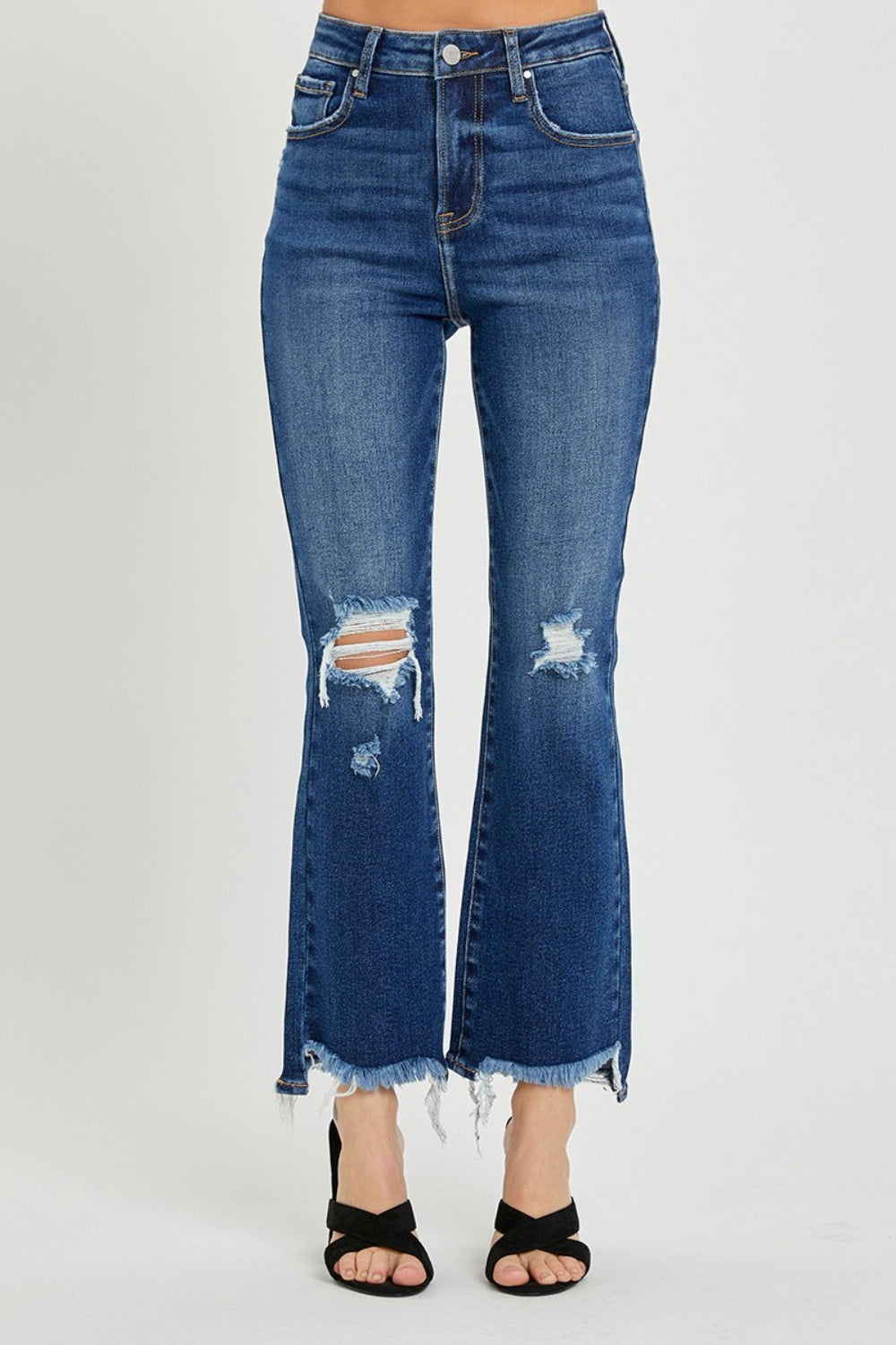 RISEN High Rise Distressed Crop Flare Jeans - Tigbul's Variety Fashion Shop