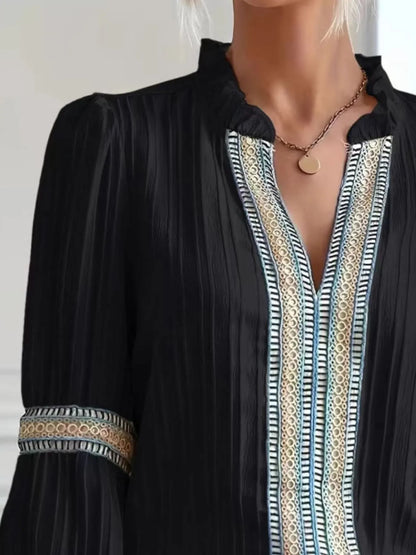 Notched Textured Balloon Sleeve Blouse - Tigbul's Variety Fashion Shop