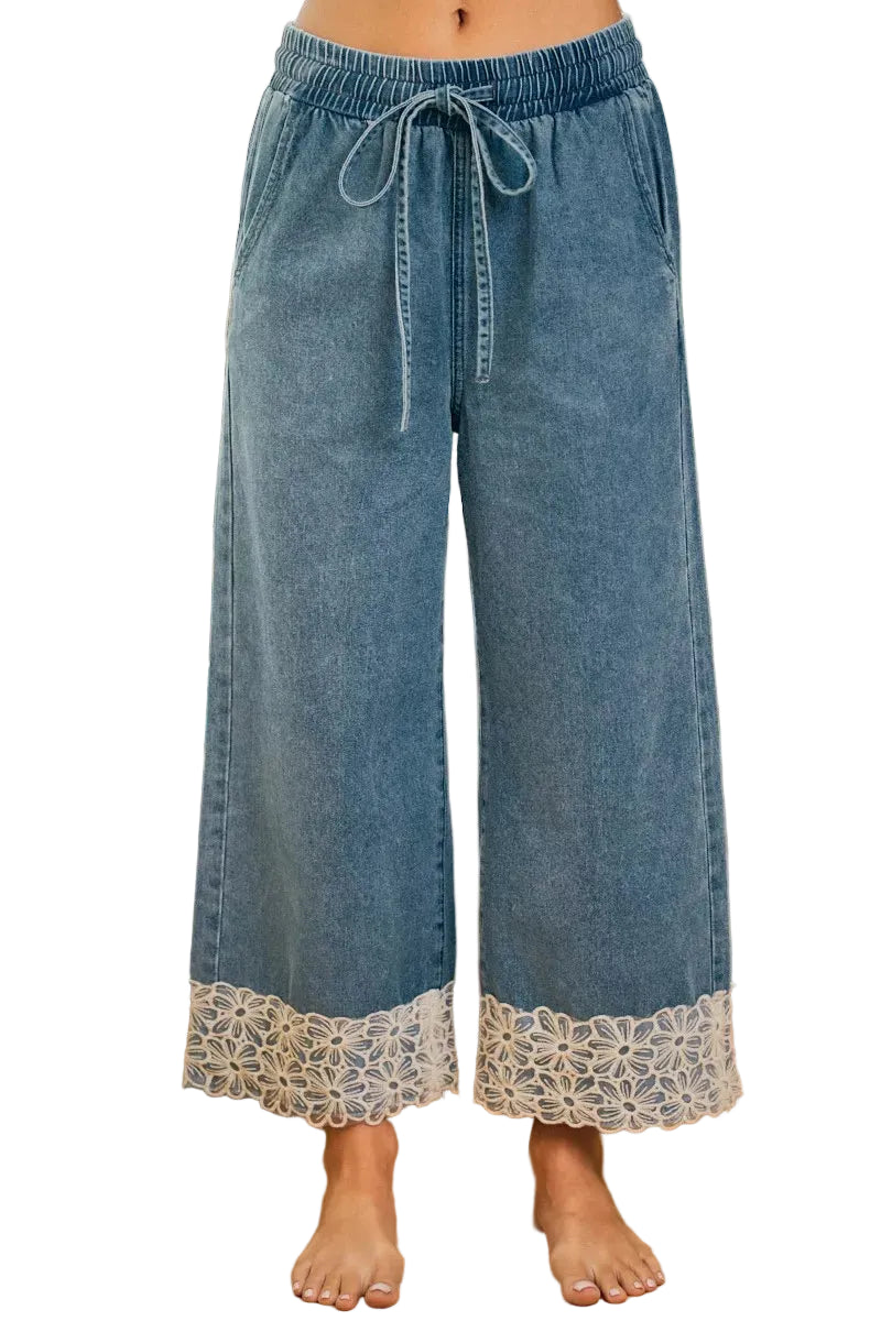 Washed Denim Elastic Waist Flower Lace Trim Pants | Tigbuls