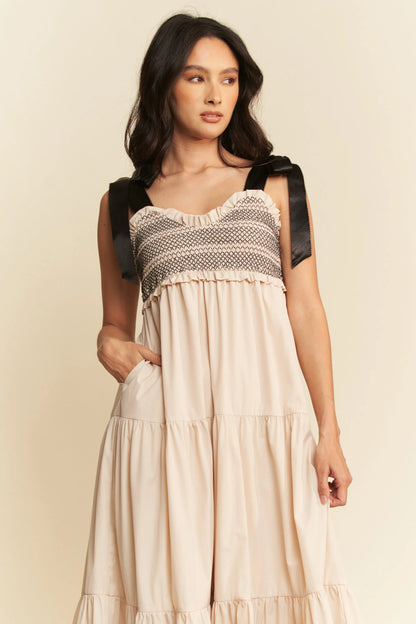 Beige Multi Contrast Smocked Bodice Straps Maxi Dress - Tigbul's Variety Fashion Shop