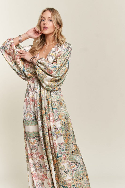 Light Green Printed V-Neck Batwing Sleeve Dress - Tigbul's Variety Fashion Shop