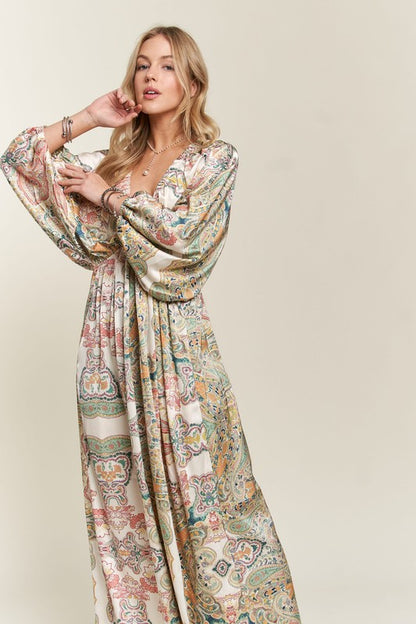 Light Green Printed V-Neck Batwing Sleeve Dress - Tigbul's Variety Fashion Shop