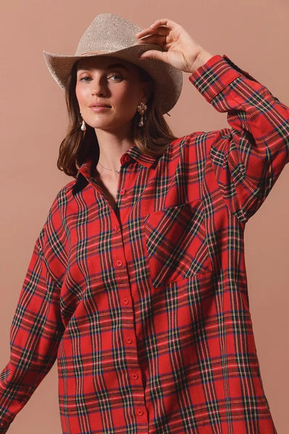 SO ME Christmas Checker Plaid Button Up Shirt Dress - Tigbul's Variety Fashion Shop