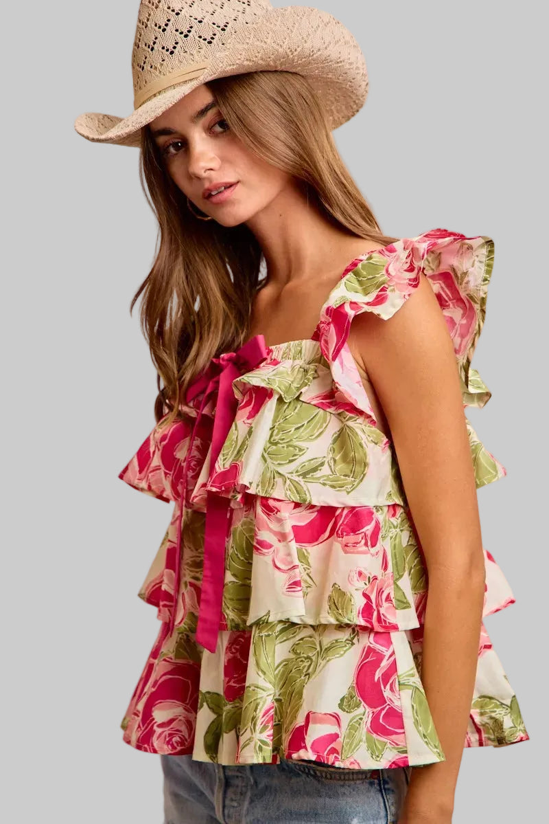 Pink Floral Print Woven Bow Tie Ruffle Square Neck Top | Tigbuls