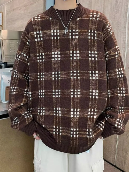 Men's Plaid Round Neck Long Sleeve Sweater - Tigbul's Variety Fashion Shop