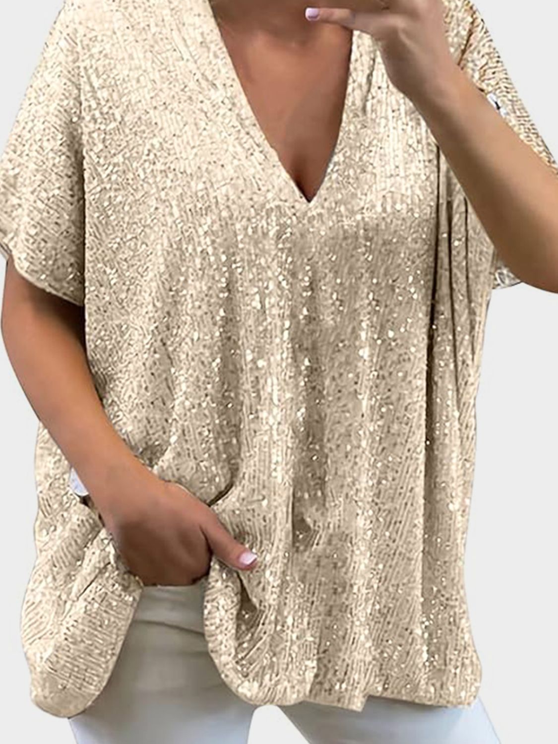 Sequin V-Neck Short Sleeve Top Blouse, Small to 3XL - Tigbul's Variety Fashion Shop