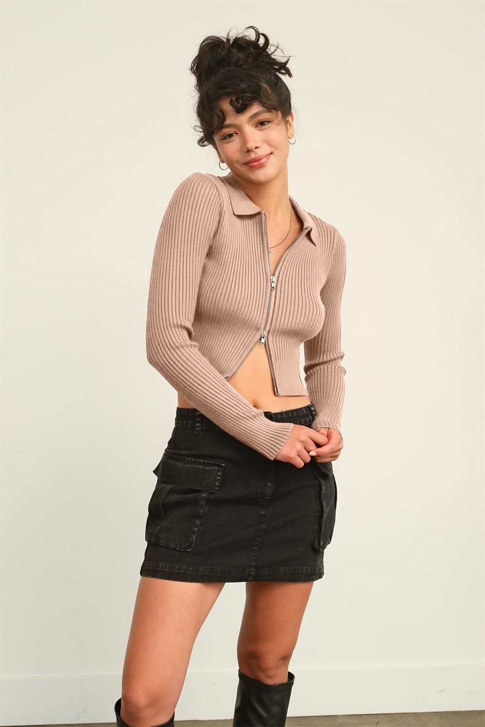 HYFVE Ribbed Double Zip Cropped Cardigan - Tigbul's Variety Fashion Shop