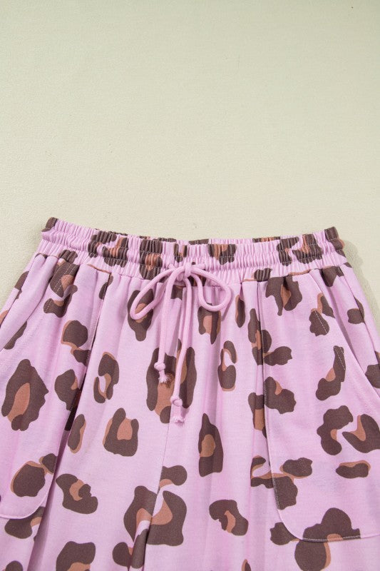 Pink leopard print waistband with elastic band and adjustable drawstring