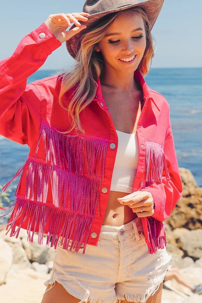 Rhinestone Fringe with Studded Collar Jacket - Tigbul's Variety Fashion Shop