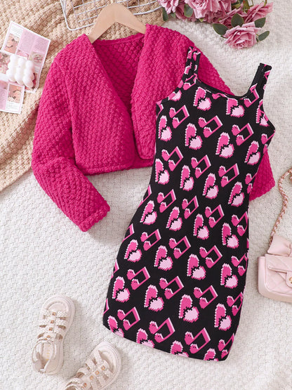 Toddlers Girls Pink Printed Dress and Cardigan Set - Tigbuls Variety