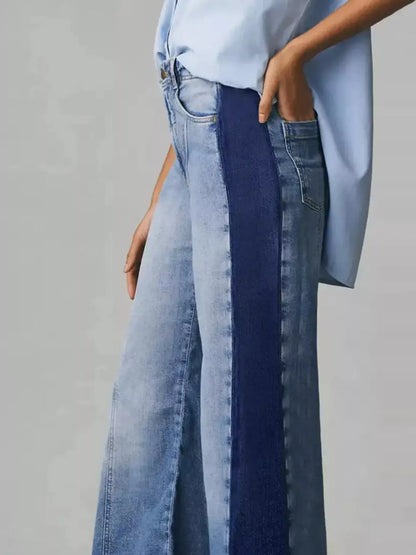 Two-Tone Wide Leg Blue Jeans, Female | Tigbuls Variety Fashion