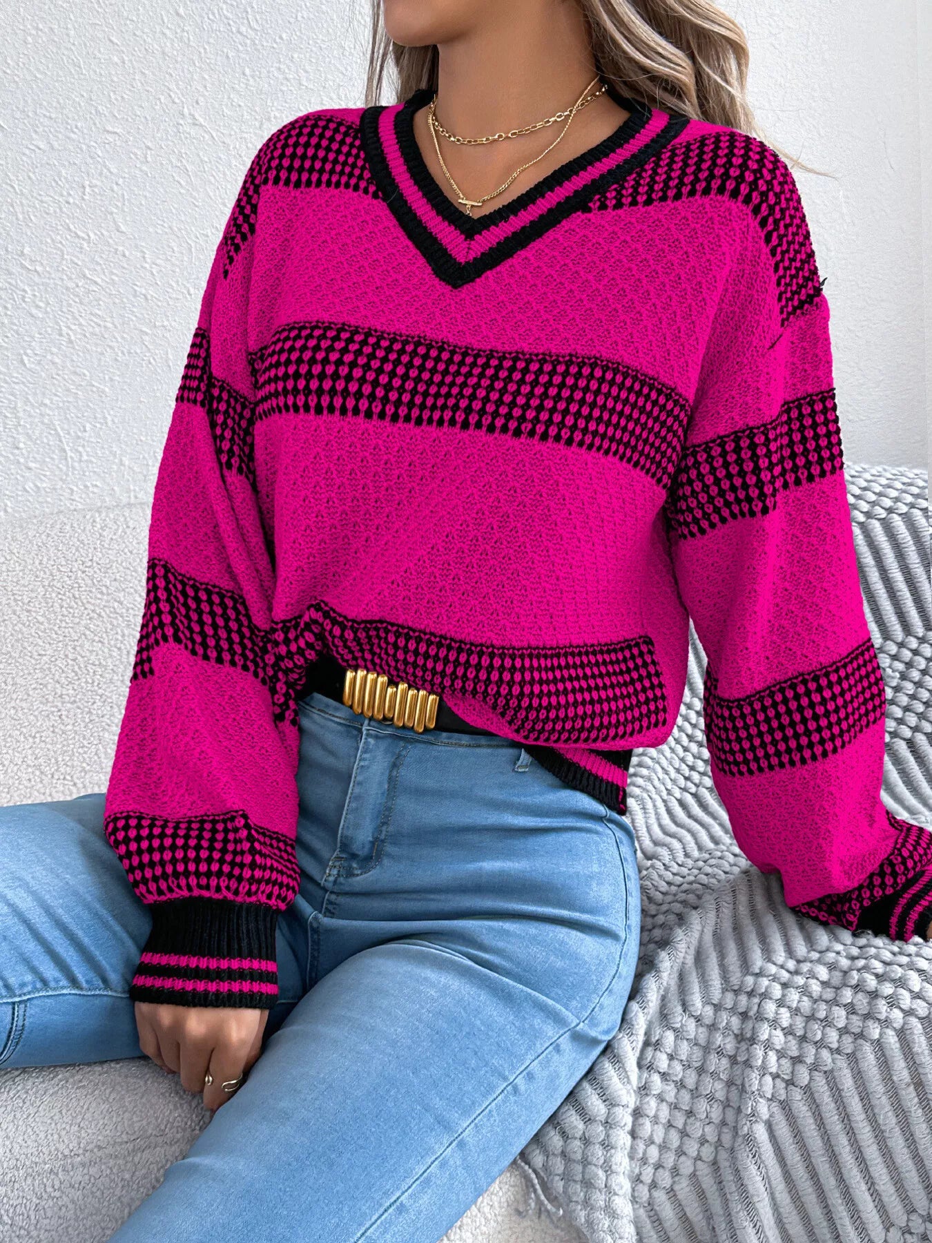 Contrast Striped V-Neck Sweater - Tigbul's Variety Fashion Shop